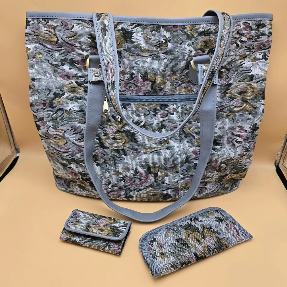 Vintage Floral Tapestry Tote Bag Set 3pc Shoulder Bag Key Holder Eyeglass Case